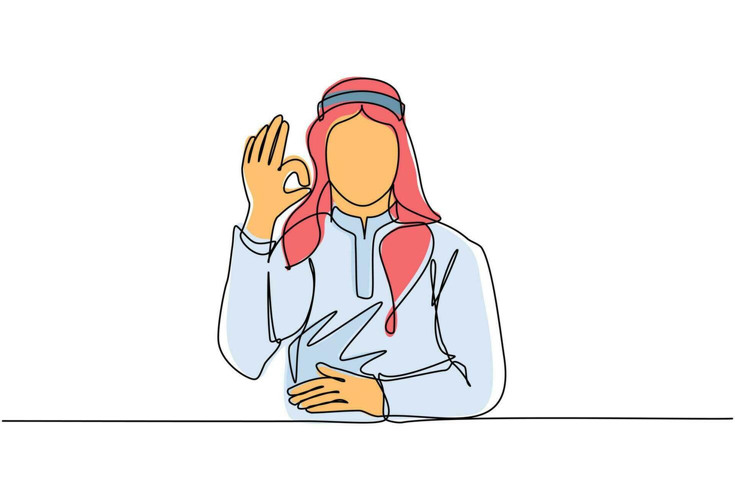 Continuous one line drawing Arabic man in traditional clothes gesturing ok sign. Okay sign, gesture language concept. Smiling male standing showing ok sign with fingers. Single line draw design vector