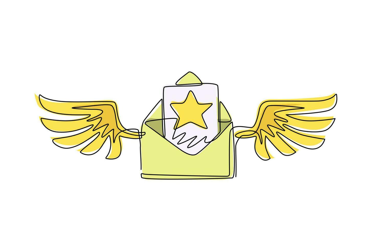 Single continuous line drawing flying opened mail envelope with star image and wings. Read incoming message. Decoration for greeting cards, posters. One line draw graphic design vector illustration