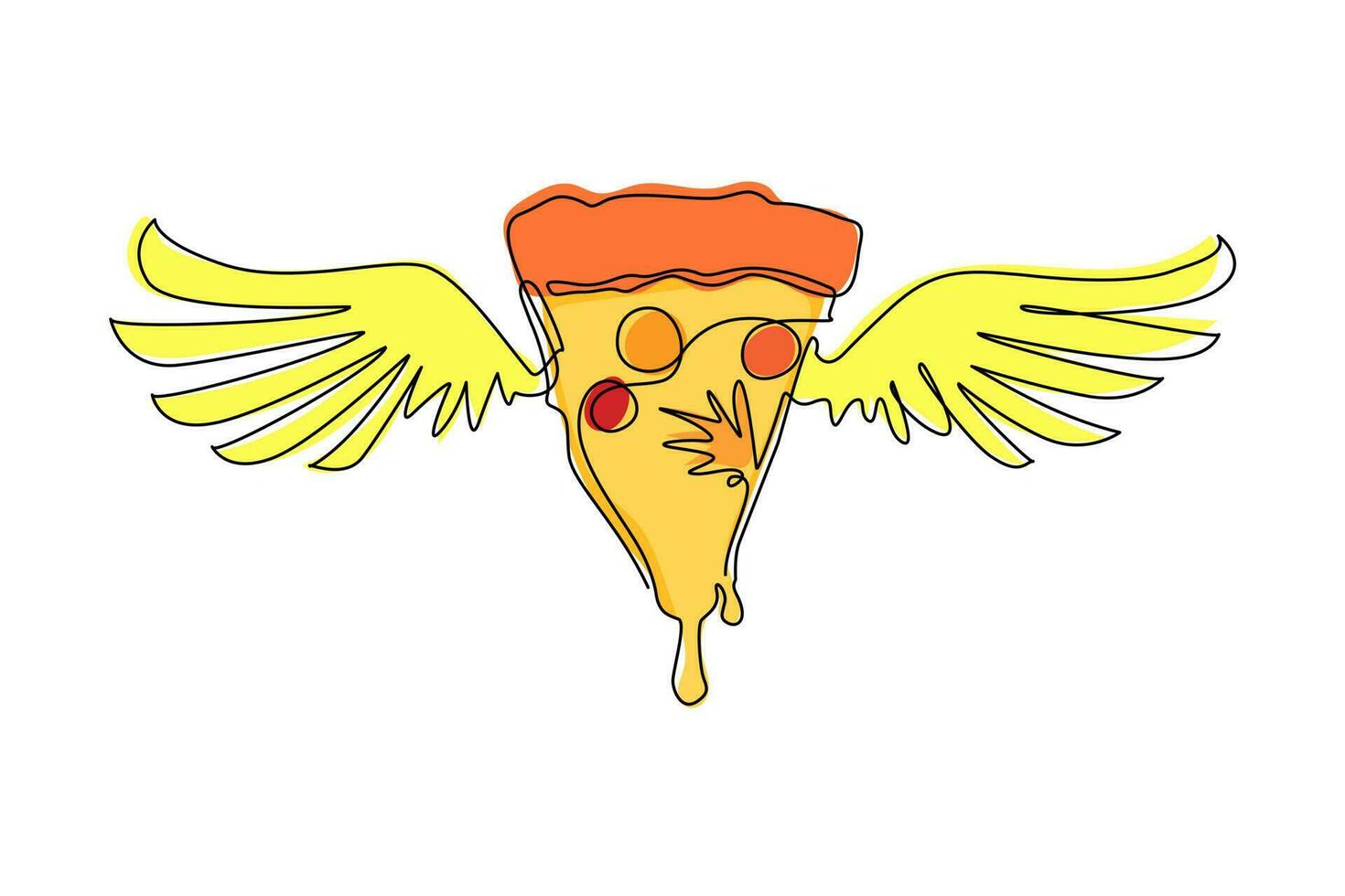 Single continuous line drawing sliced pizza with wings. Flat isolated pizza, meal, delivery, cafe, fun illustration with olives and sausage. Love pizza for cafe. One line draw graphic design vector
