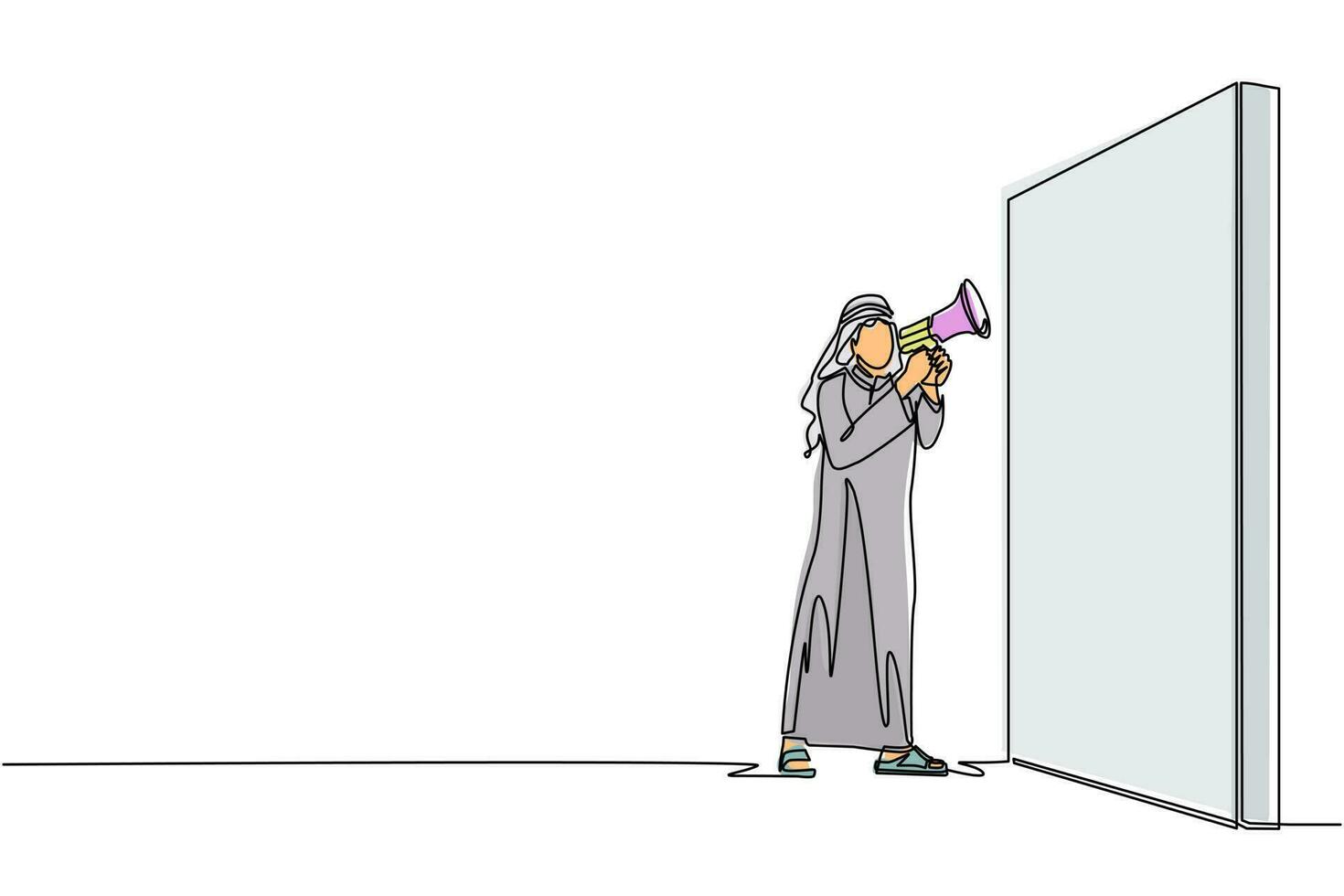 Single continuous line drawing Arabian businessman holding megaphone standing in front of wall. Man shouts on megaphone. Leader announces career promotions. One line draw design vector illustration