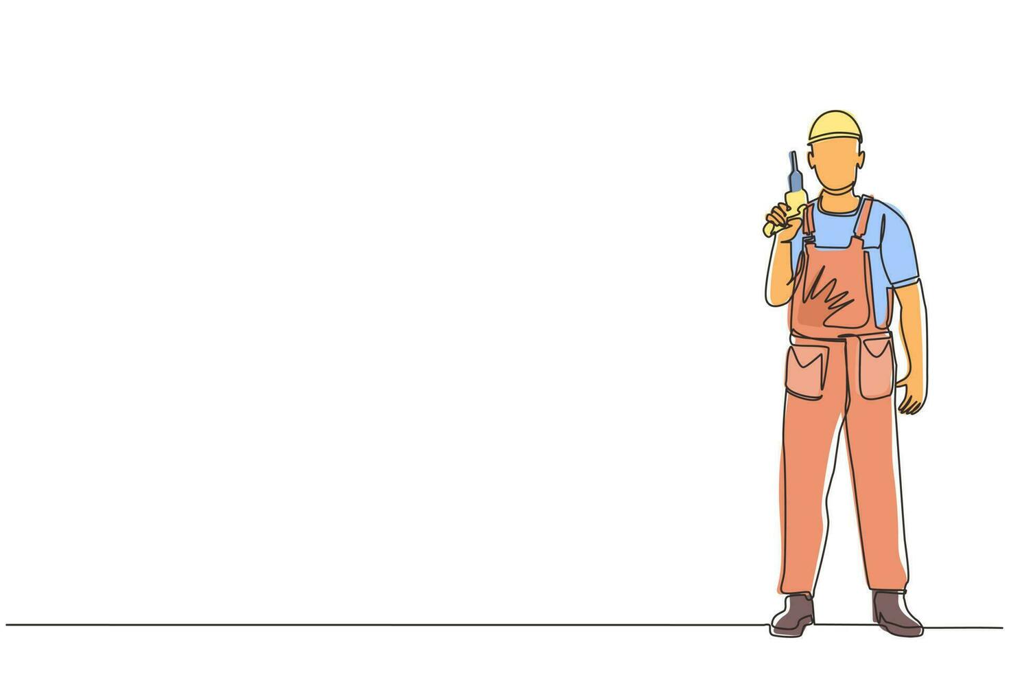 Single continuous line drawing man worker holding electric drill tool for repair. Builder in uniform. Handyman in overalls. Repairman with instrument. One line draw graphic design vector illustration