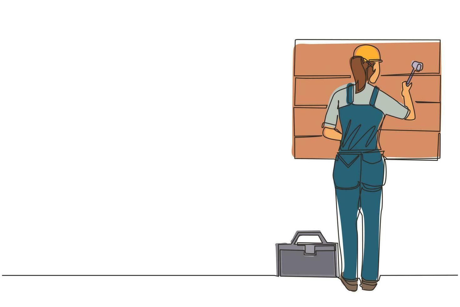 Single one line drawing woman professional worker in uniform hammering. Nail in wood. Construction work at home. Building, construction, repair work service. Continuous line draw design graphic vector