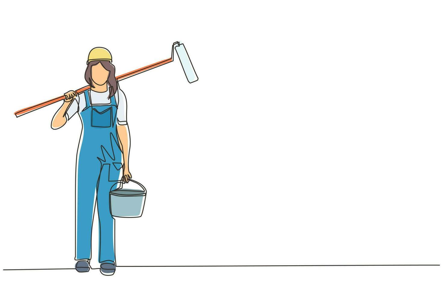 Single continuous line drawing female painter with bucket of paint and paint roller. Professional repairwoman in overalls on the background of apartment renovation. One line draw graphic design vector