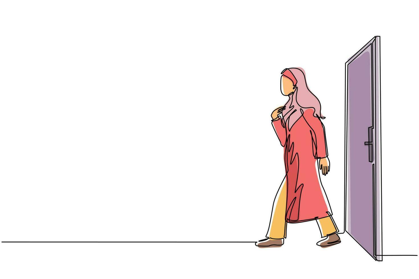 una sola línea continua dibujando a una mujer de negocios árabe caminando y saliendo de la puerta cerrada. nuevos emprendimientos comerciales. entrar en un nuevo mercado. concepto de crecimiento profesional. ilustración de vector de diseño gráfico de dibujo de una línea