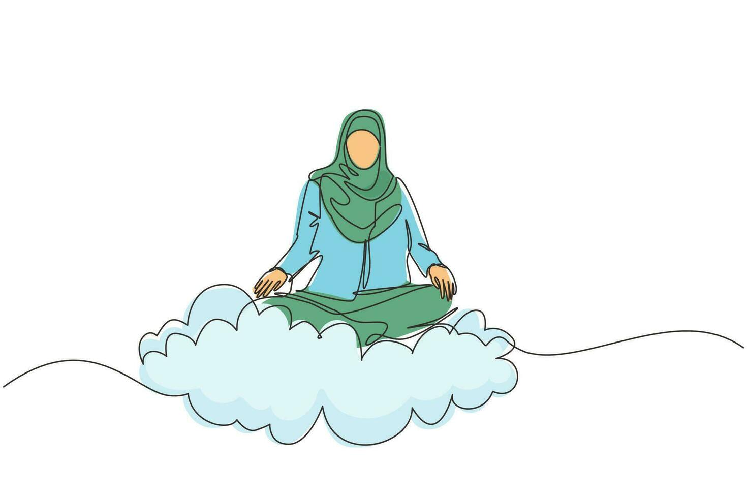 Single continuous line drawing office worker or businesswoman relaxes, meditates in lotus position on clouds. Arabian woman relaxing with yoga or meditation pose. One line draw graphic design vector
