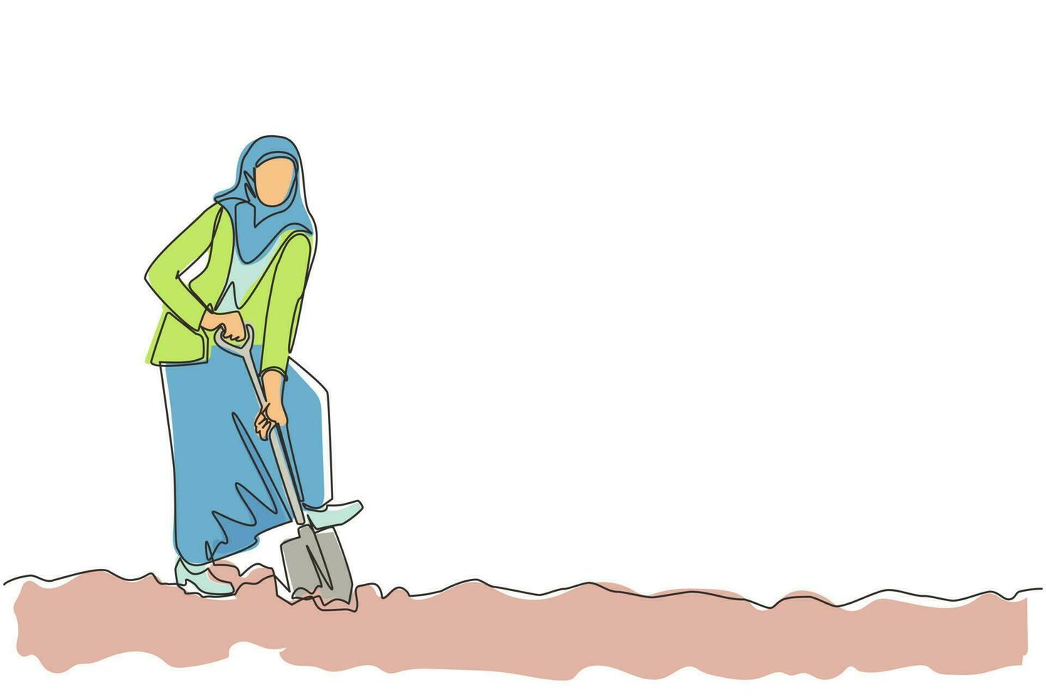 Single one line drawing Arabian businesswoman digging in dirt using shovel. Woman in hijab dig ground with spade. Business metaphor. Hard working process. Continuous line draw design graphic vector