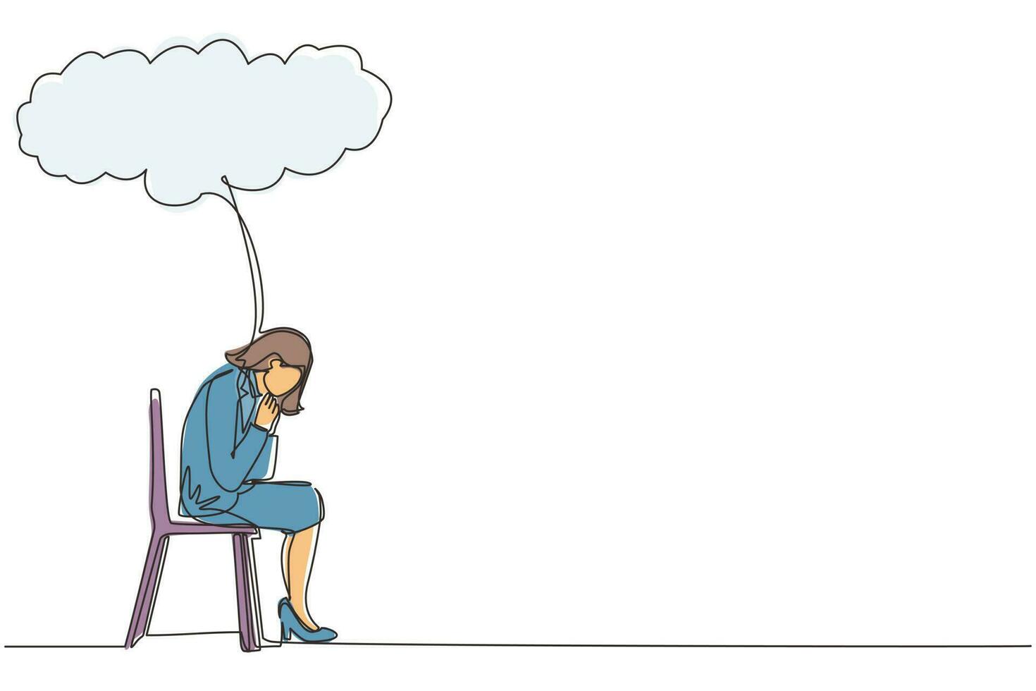 Single one line drawing businesswoman sitting under rain cloud. Business failure. Worried woman thinking about business with negative trend. Collapse of economy. Continuous line design graphic vector