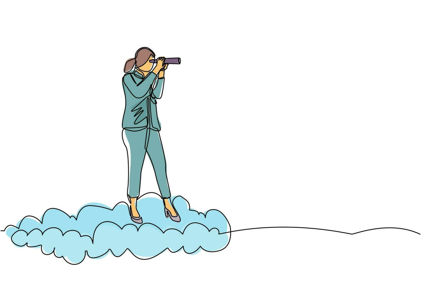 Continuous one line drawing businesswoman riding high cloud holding telescope or binocular to search for business visionary. Leadership vision to see company strategy. Single line draw design vector