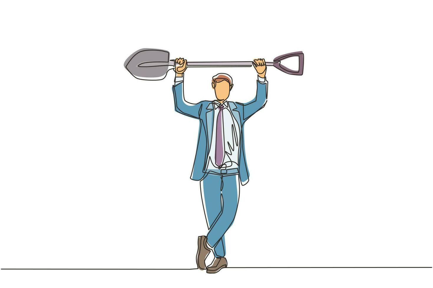 Continuous one line drawing businessman standing and lifting big shovel. Business concept. Depicts hard work, success, achievement, and discovery. Single line draw design vector graphic illustration