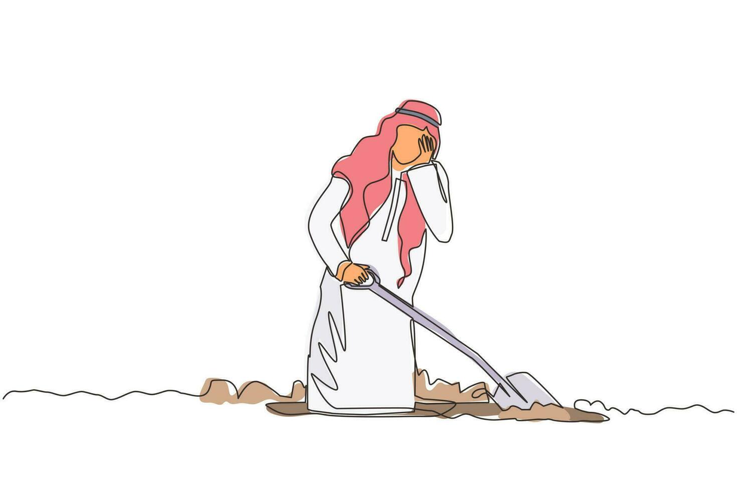 Continuous one line drawing Arabic businessman wipes sweat on his forehead while digging hole. Worker never give up to finish his job. Work hard concept. Single line design vector graphic illustration