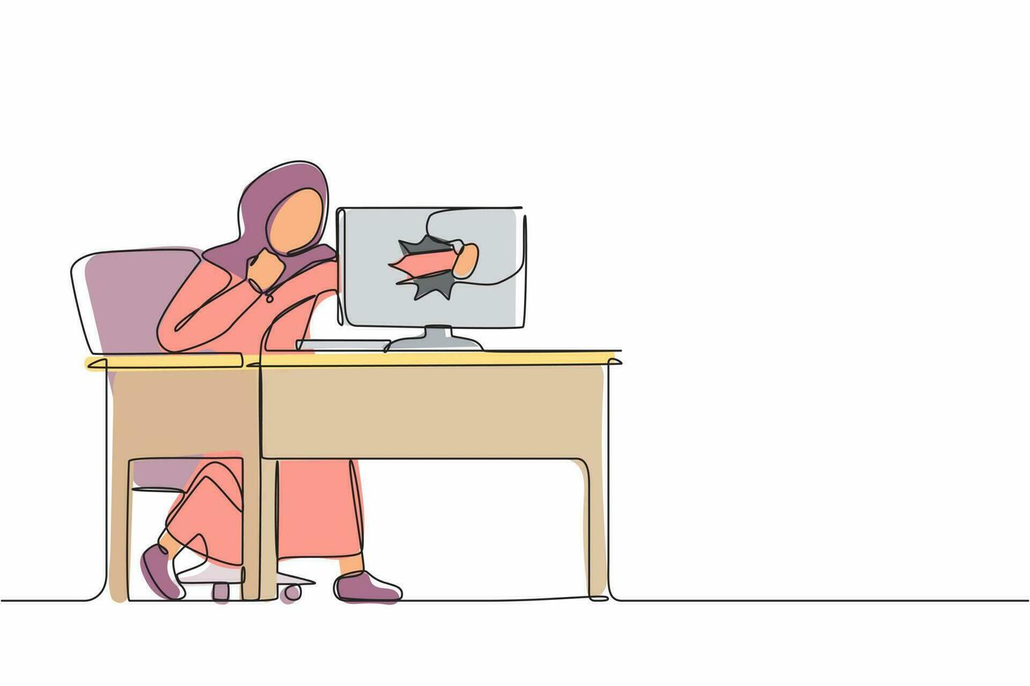 dibujo continuo de una línea una mujer de negocios árabe enojada rompe su computadora portátil golpeándola con el puño cerrado sentado en el escritorio. mujer frustrada perforando un agujero en la pantalla de la pc. vector de diseño de una sola línea
