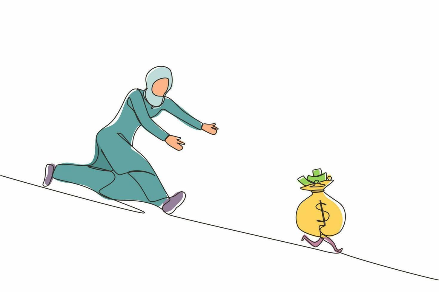 Single continuous line drawing Arabian businesswoman chasing money bag dollar run away. Concept of achieving goals and profits, striving for success, running for money. One line graphic design vector