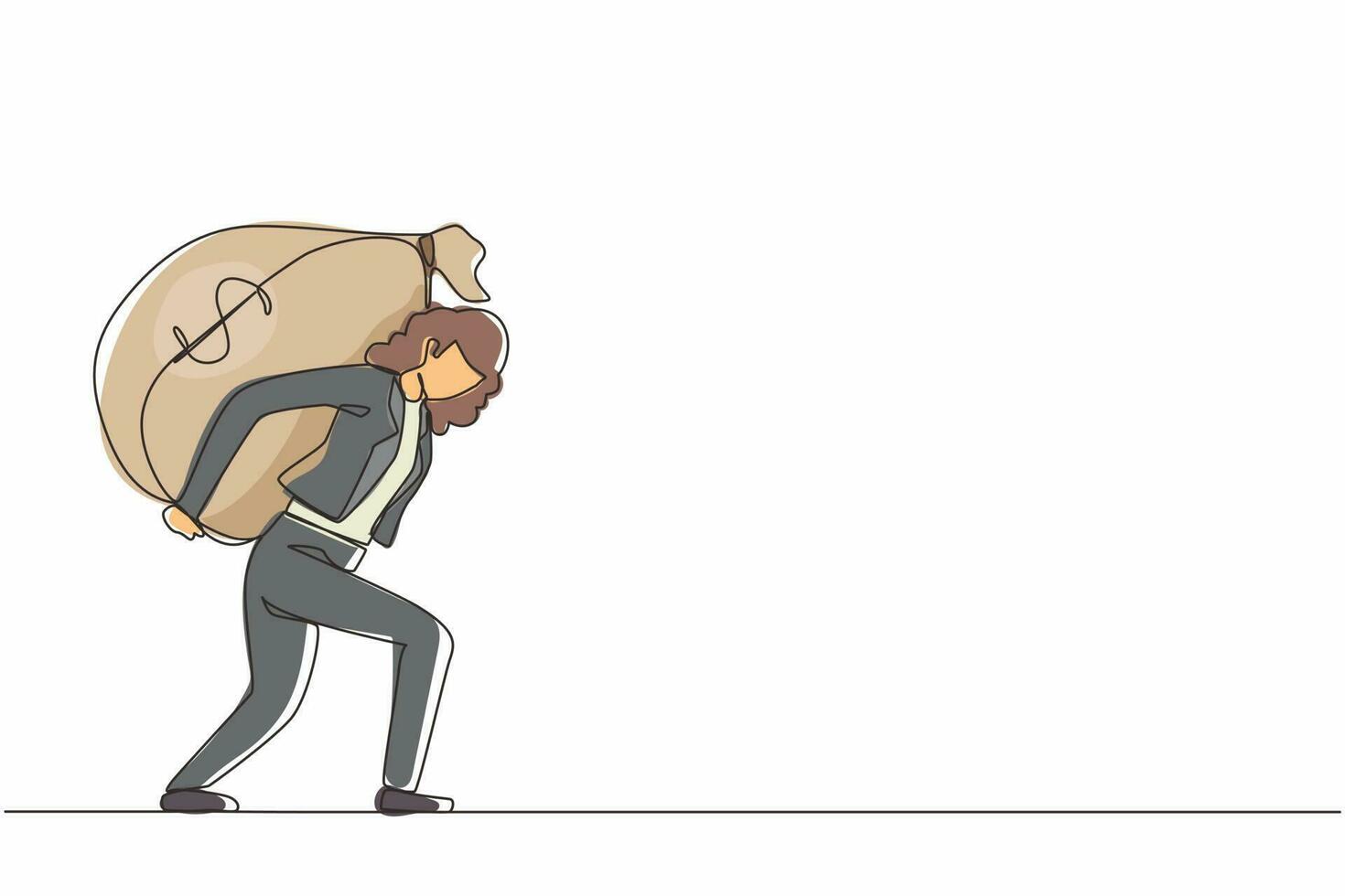 Single continuous line drawing businesswoman carrying big and heavy money bag on his back. Financial problems, taxation burden or business debt, deadline concept. One line draw graphic design vector