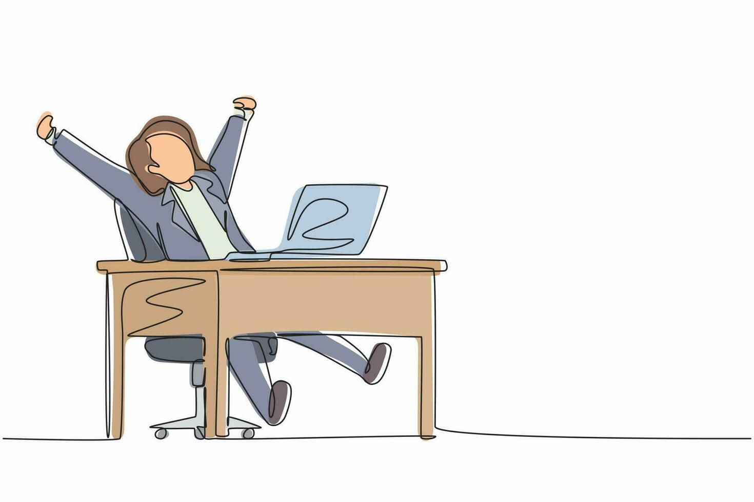 Continuous one line drawing happy businesswoman sitting in chair at desk using laptop celebrating win with hands raised. Celebrating win, positive emotions concept. Single line graphic design vector