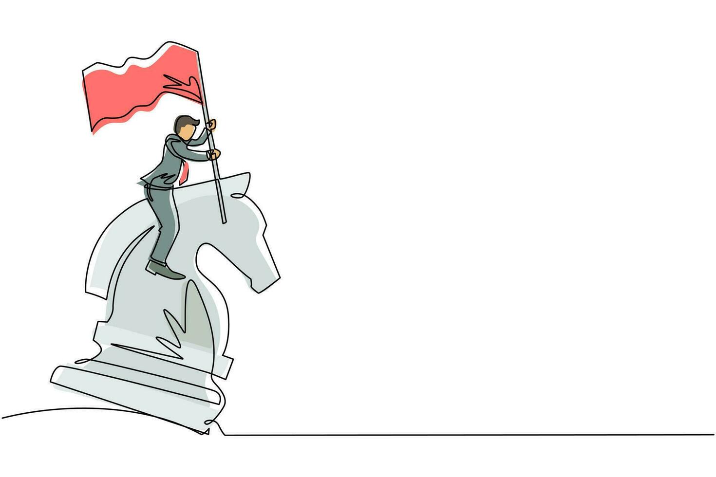 Continuous one line drawing businessman riding big chess horse knight and holding flag, strategy, competitive, strategic move in business concept. Single line draw design vector graphic illustration