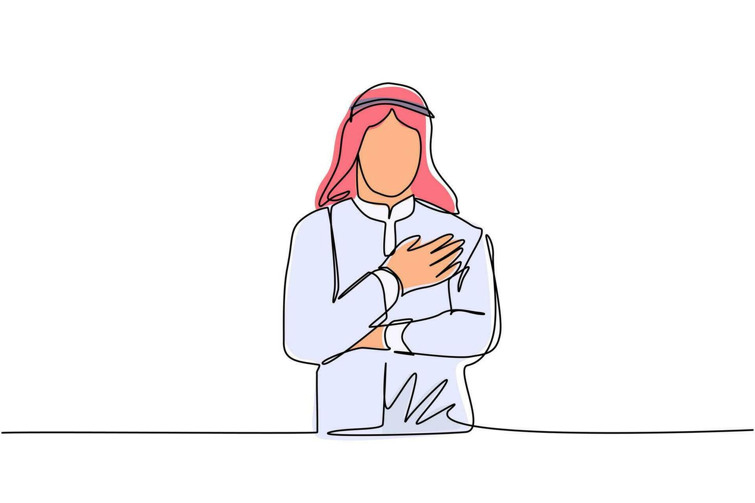 Single one line drawing young Arabian man keeping hands on chest. Smiling friendly male expressing gratitude. Emotion, body language concept. Continuous line draw design graphic vector illustration