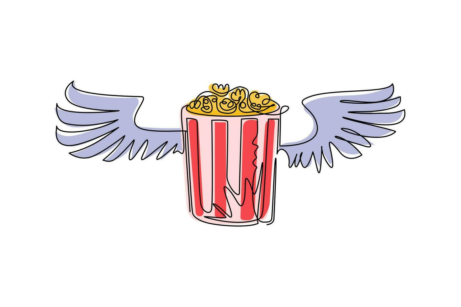 Single continuous line drawing full popcorn bucket with wings logo. Flyer, invitation, ticket, banner, poster, web page, label, design element or icon. One line draw graphic design vector illustration