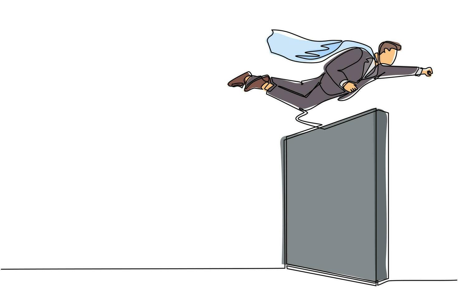 Single one line drawing super businessman flying over the wall. Employee superhero flying through the wall. Business concept power, success, overcome difficulties. Continuous line draw design vector