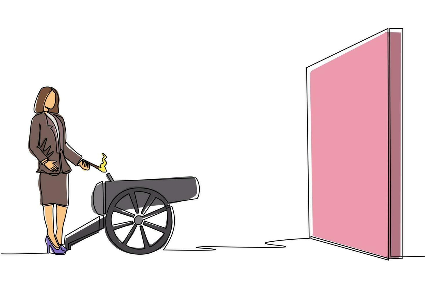 Single continuous line drawing businesswoman ignites cannon in front of wall and want to destroy. Starting new business company by destroying obstacles to reach goal. One line graphic design vector