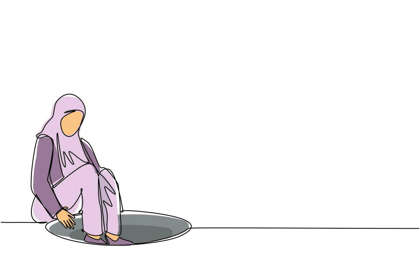 Single one line drawing Arabian businesswoman descends into the hole. Failure to take advantage of business opportunities. Depressed and business failure concept. Continuous line draw design vector