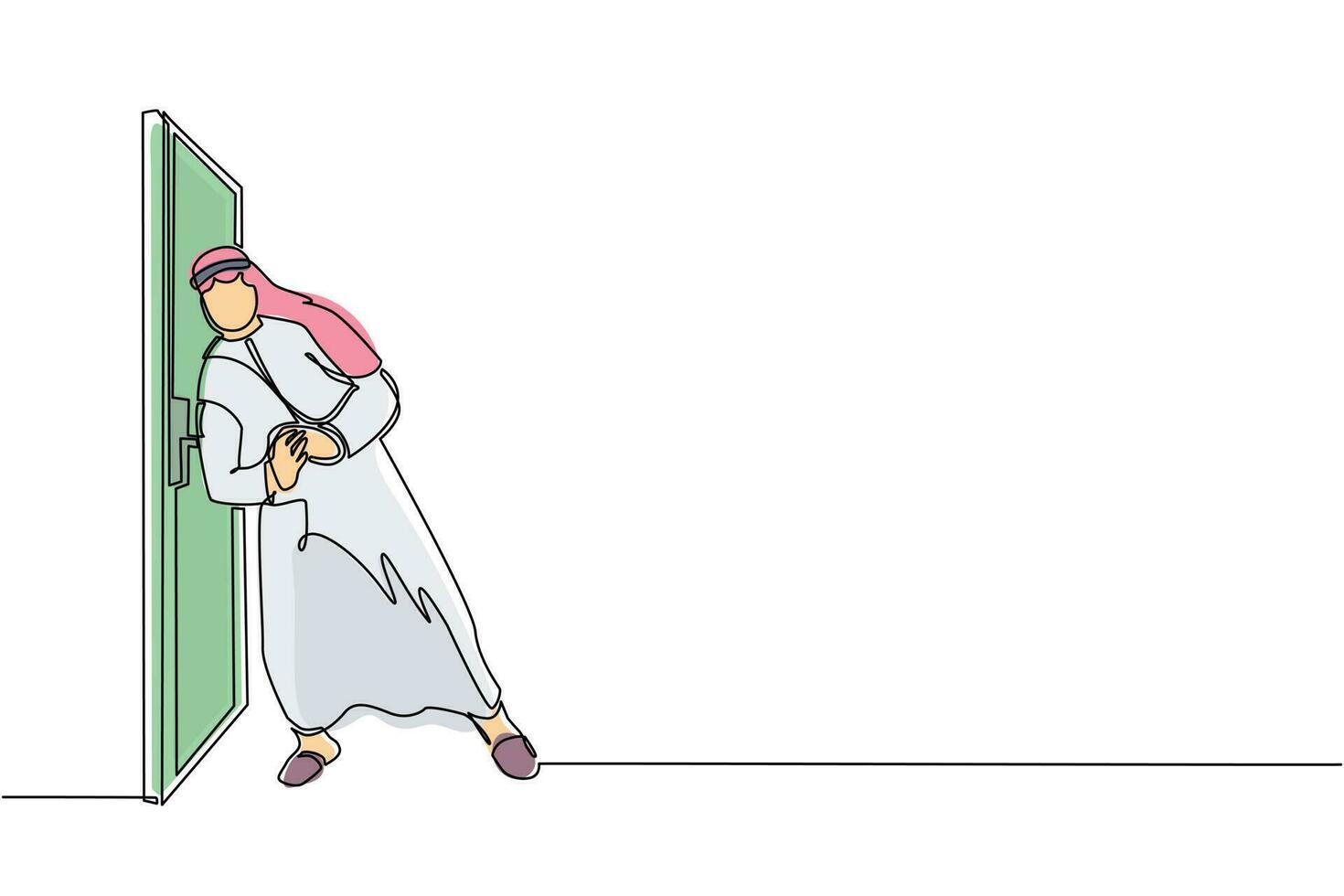 Continuous one line drawing Arabian businessman running wants to break down the door. Business struggle. Strength for success. Opening closed doors. Single line draw design vector graphic illustration