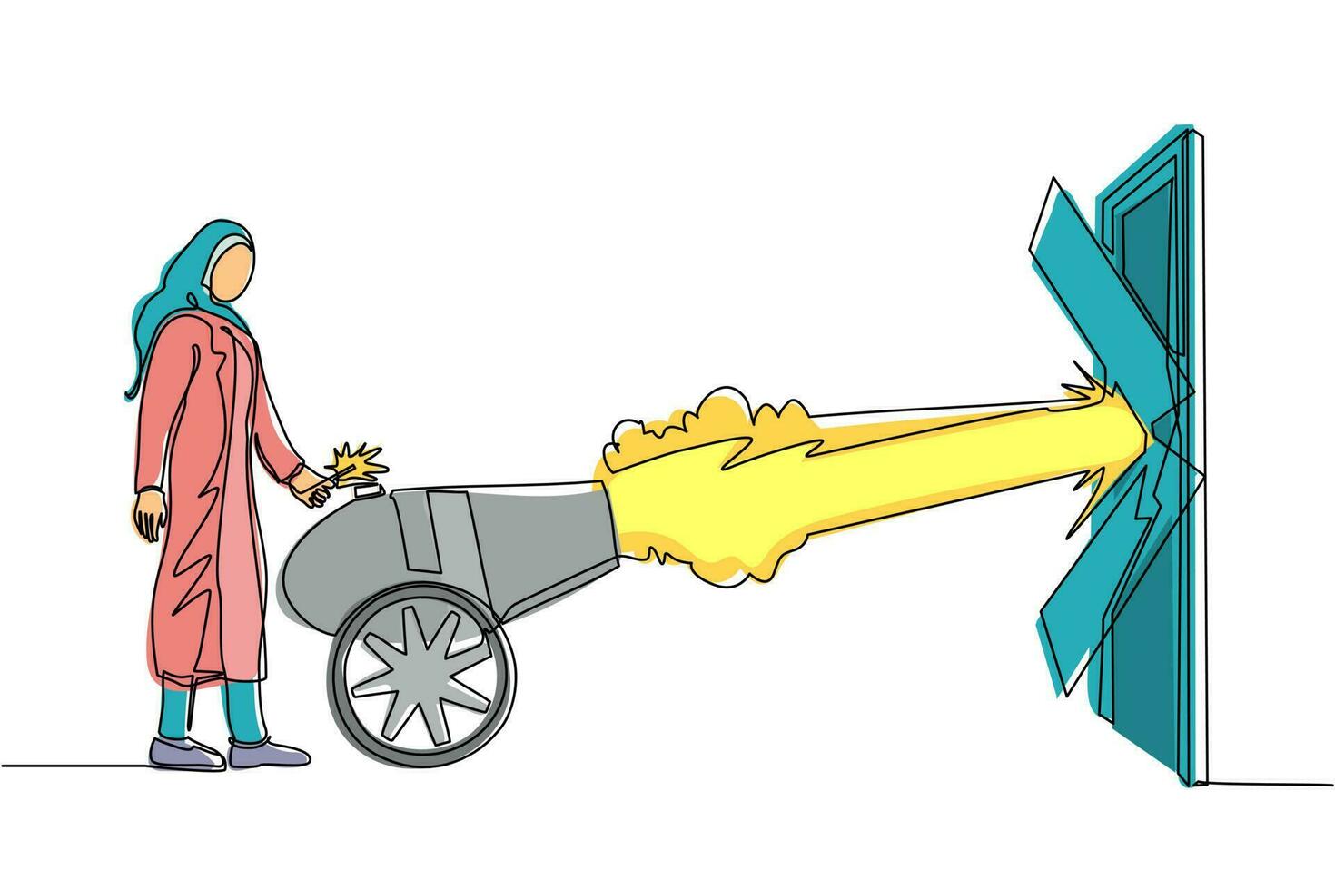 Single continuous line drawing Arab businesswoman ignites cannon in front of door and destroying door. Eliminating barrier of entries, destroying obstacle with brute force. One line draw design vector
