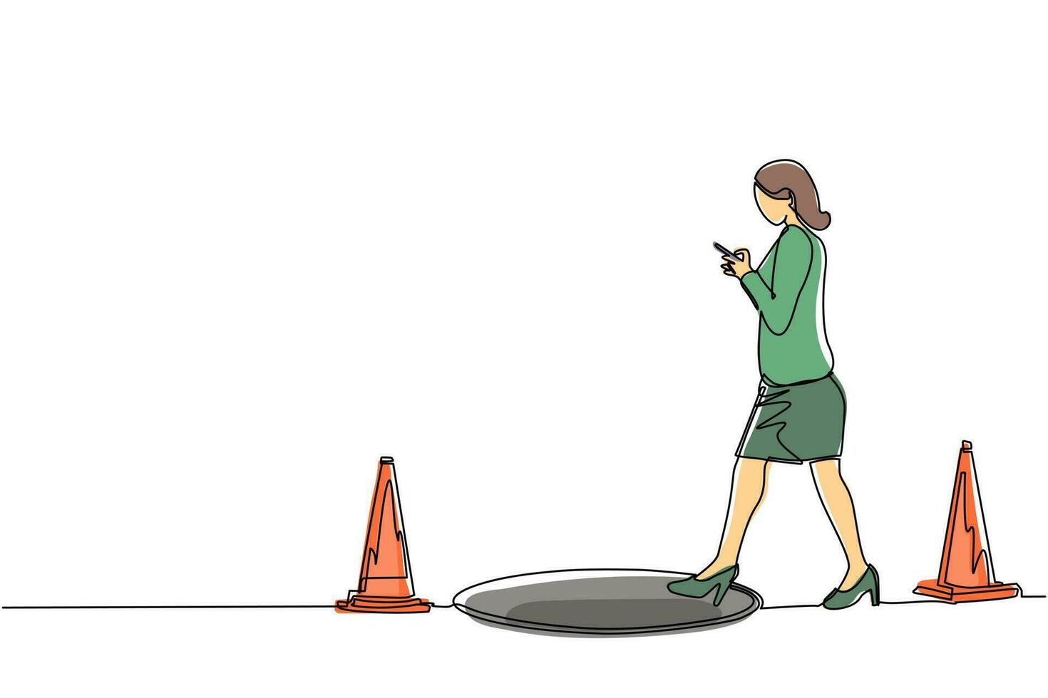 una sola línea continua dibujando un personaje de mujer de negocios que va a la calle mirando por teléfono inteligente, no vio una alcantarilla abierta. la mujer camina hacia la trampa de negocios. ilustración de vector de diseño gráfico de dibujo de una línea