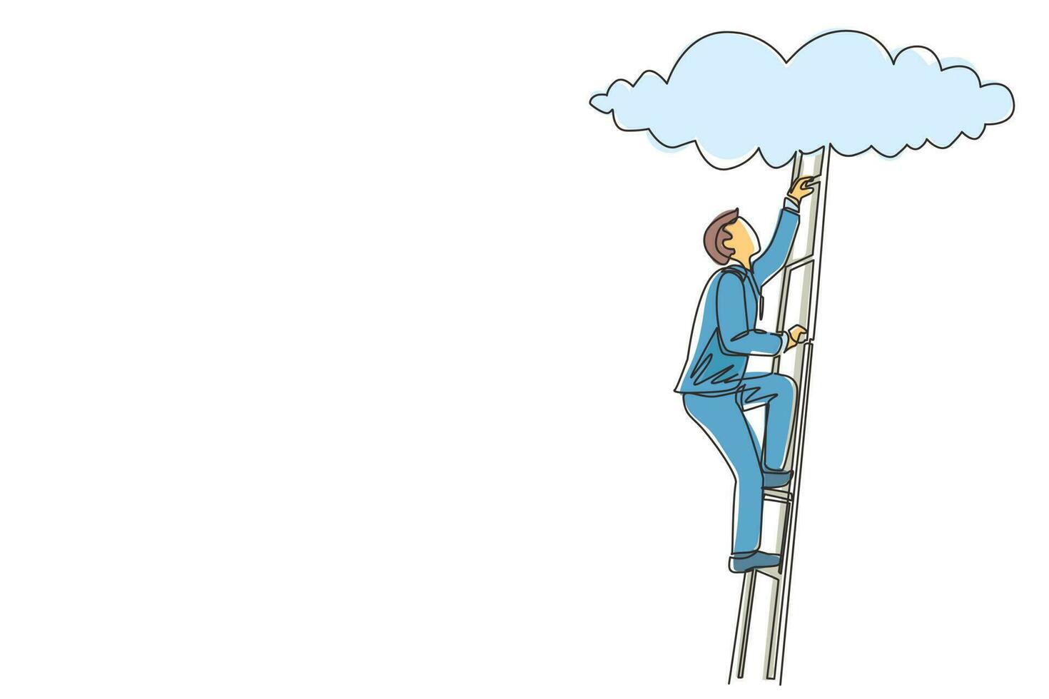 Continuous one line drawing businessman climbing up career ladder to cloud. Successful rising business development. Professional growth and promotion. Single line design vector graphic illustration