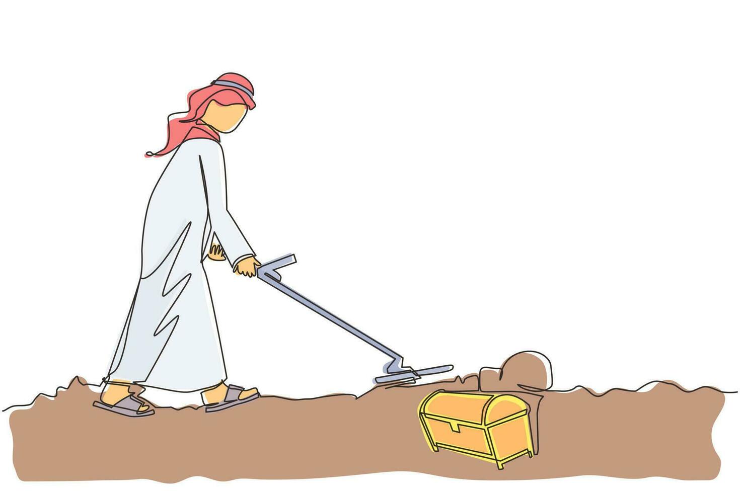 Single continuous line drawing businesswoman with metal detector looking for treasure chest. Woman treasure seeker with metal detector finding precious jewel. One line draw design vector illustration