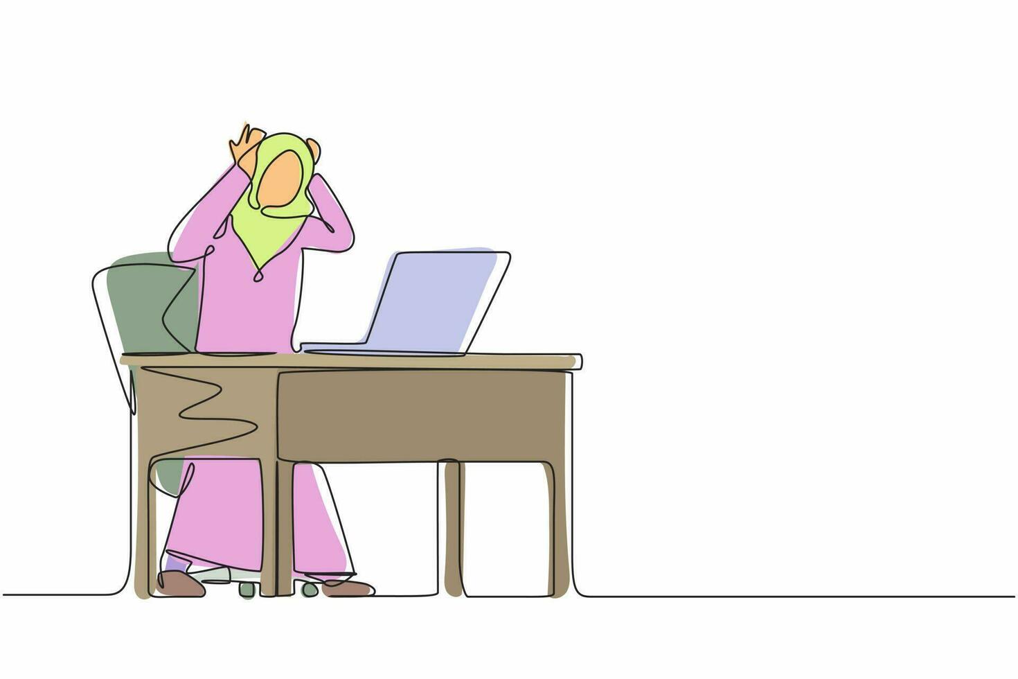 Single one line drawing scary frustrated frightened Arab businesswoman clerk manager stands at laptop, holding head. Office overload, mental stress. Continuous line design graphic vector illustration
