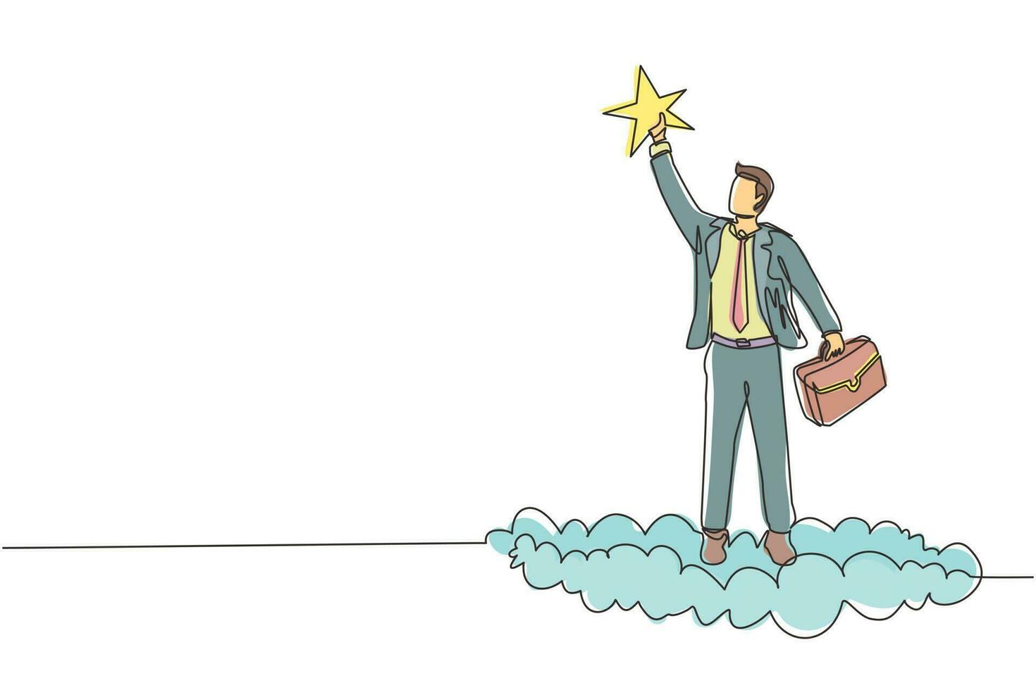 Continuous one line drawing success businessman reaching and grab precious star. Business champion succeed to get reward, winning star employee, career path, dream job. Single line draw design vector