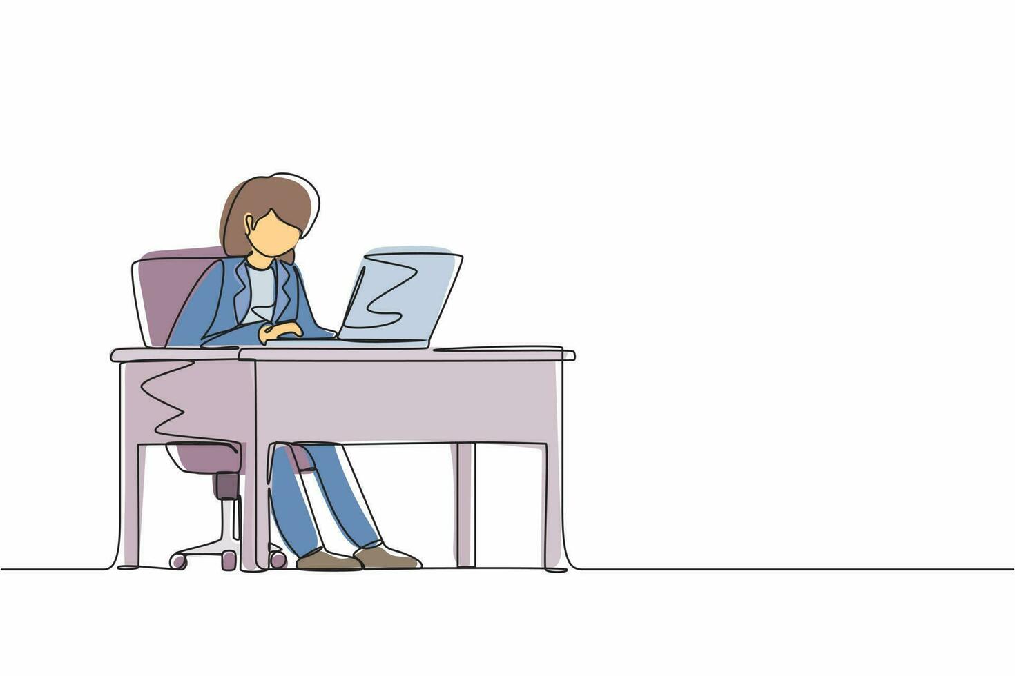 Continuous one line drawing female works in office. Woman working, typing and sending messages. Work, table, computer flat vector. Workplace and communication concept. Single line draw design graphic vector