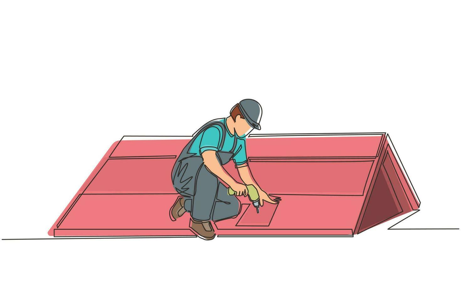 Single continuous line drawing roofer installing wooden or bitumen shingle. Roofer man fixing house roof with electric screwdriver. Repairman worker repair occupation. One line graphic design vector