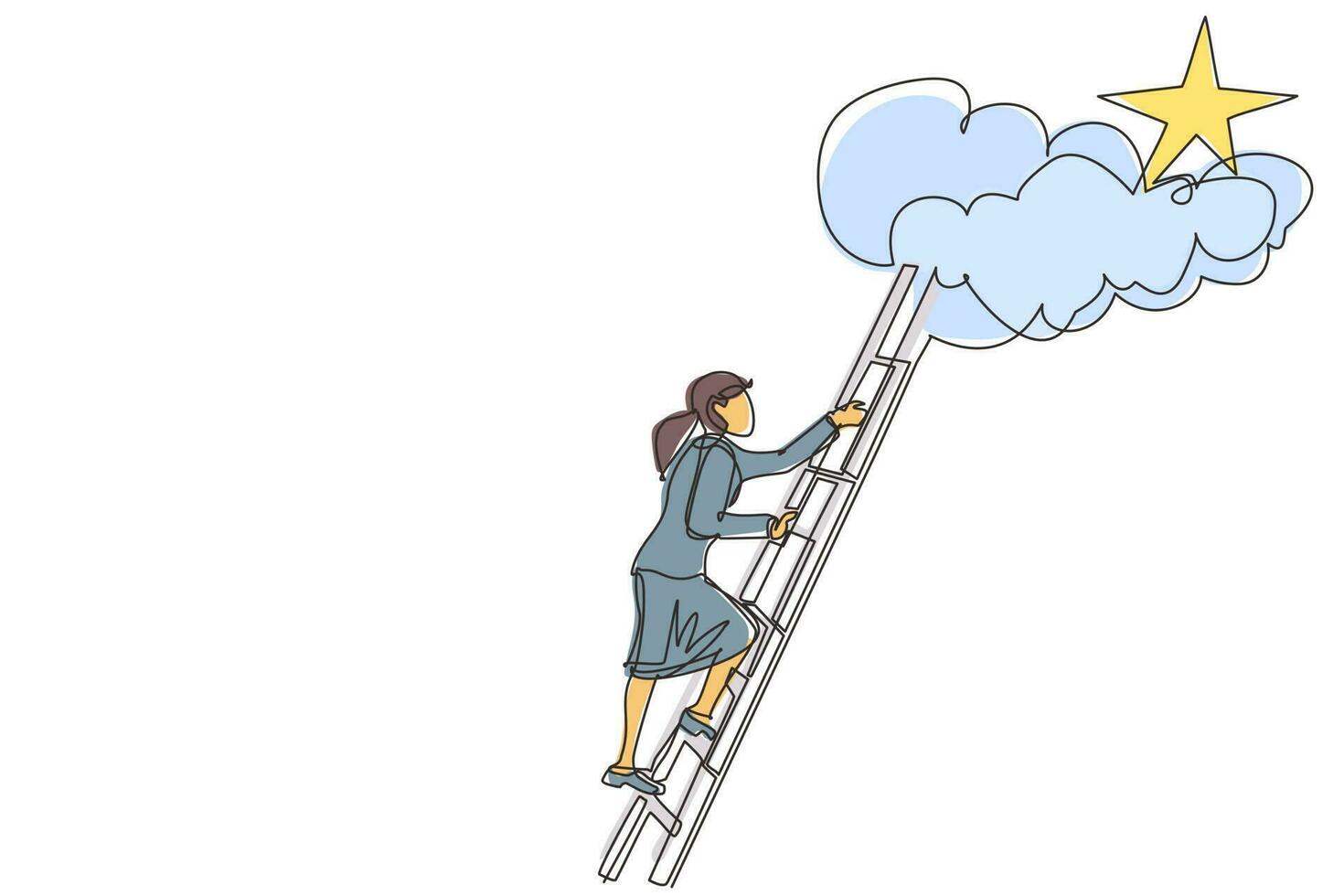 Single one line drawing businesswoman climbing ladder to reach out for stars. Businesswoman climbing to goal. Motivation to be success, winner, finish, win. Continuous line draw design graphic vector
