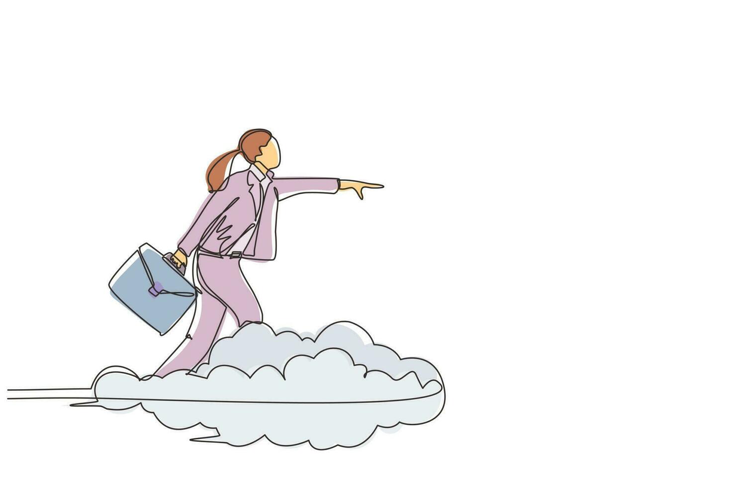 Single one line drawing businesswoman holding briefcase ride cloud, pointing forward, go to future, business concept. Woman on cloud way to success. Continuous line design graphic vector illustration