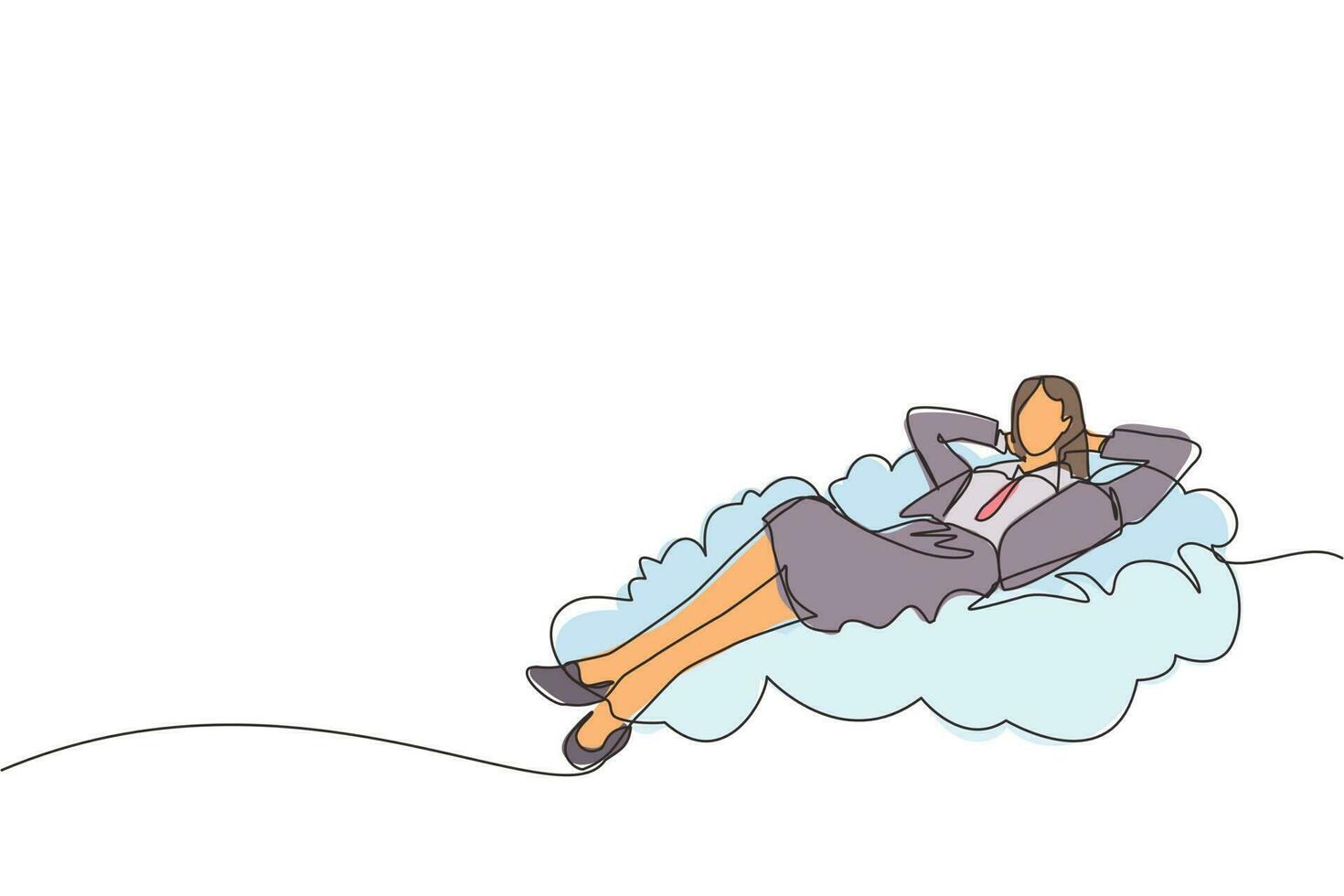 Single one line drawing relaxed and successful happy young businesswoman relaxing laying on clouds. Break, vacation, coffee time and relaxation. Continuous line draw design graphic vector illustration