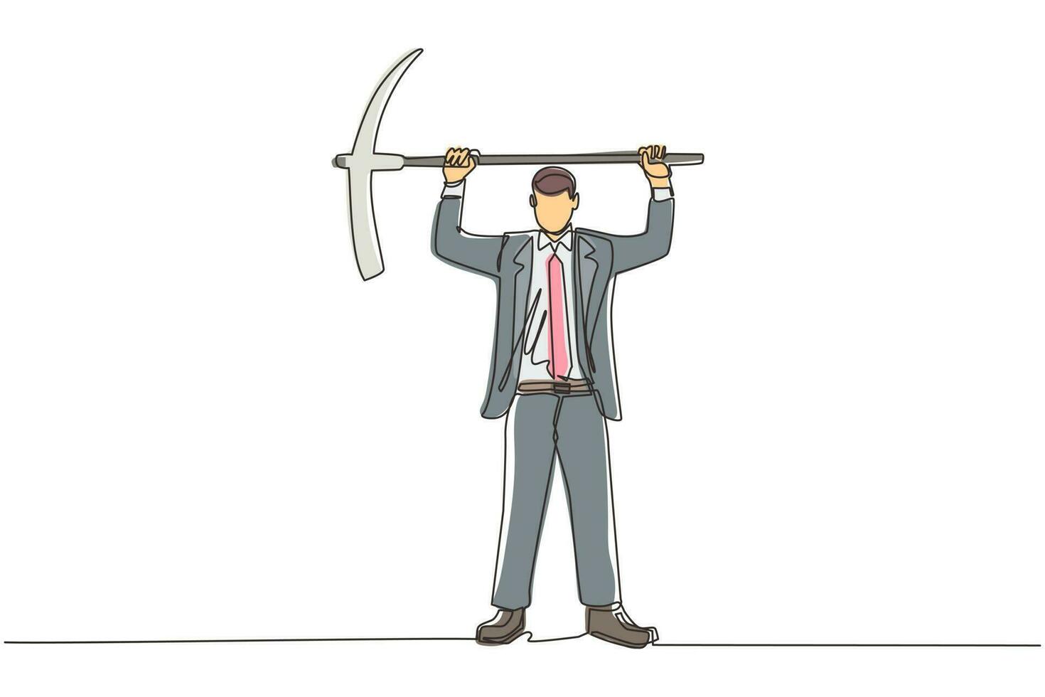 Single continuous line drawing businessman standing and lifting big pickaxe. Business concept. Depicts hard work, success, achievement, and discovery. One line draw graphic design vector illustration