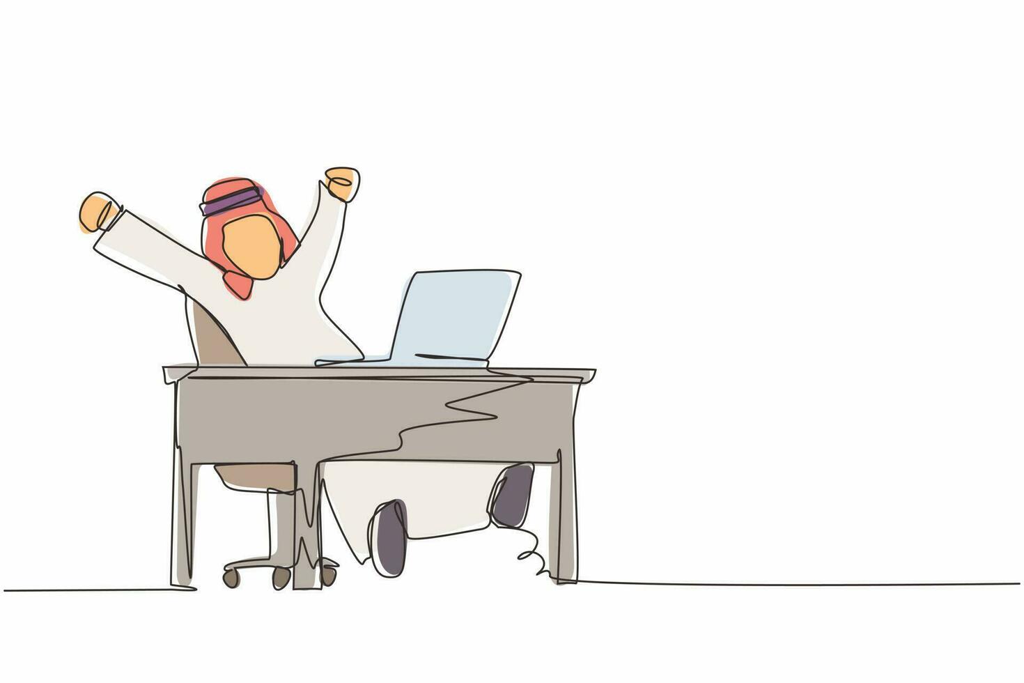 Single one line drawing happy Arab businessman sitting in chair at desk using laptop celebrating win with hands raised. Celebrating win, positive emotion concept. continuous line design graphic vector