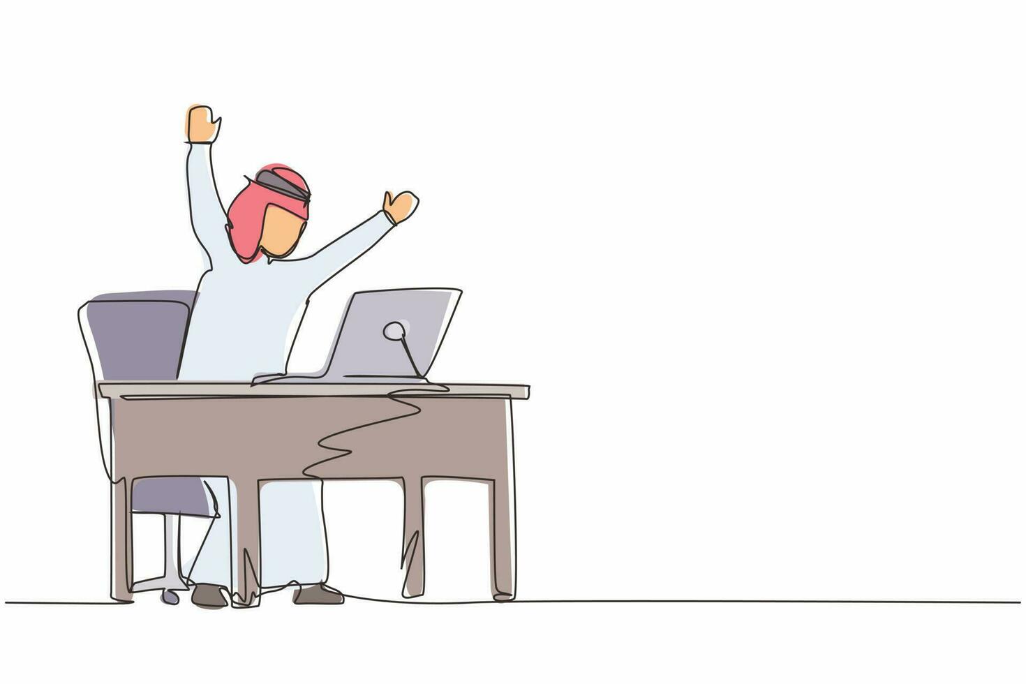 Continuous one line drawing winning online working technology concept. Arabic businessman stands in office with hand raised opposite computer screen celebrating success. Single line draw design vector