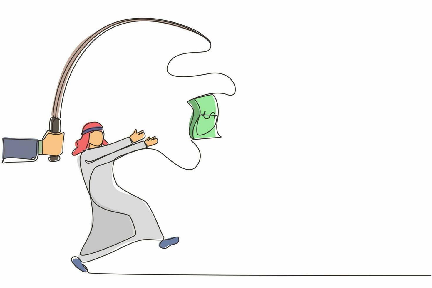 Continuous one line drawing hand with fishing pole and dollar cash control greedy Arab businessman under hypnosis. Man running after dangling dollar, trying to catch it. Single line draw design vector