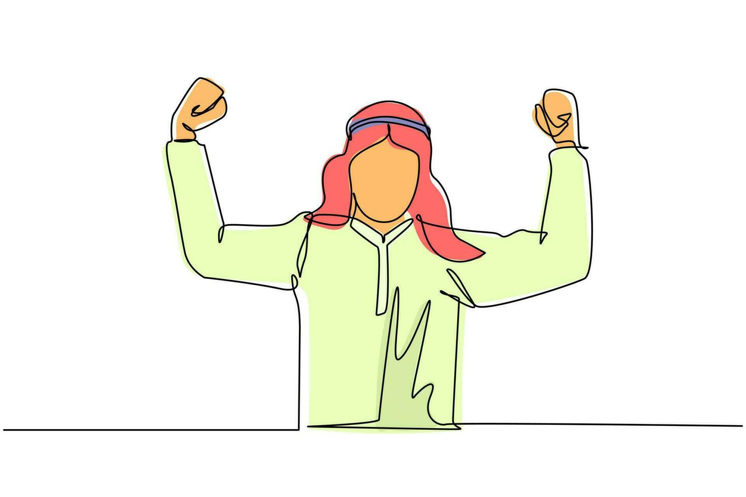 Single one line drawing happy Arabian male employee of company stands in strong pose. Businessman gestures hand. Office worker. Achievement concept. Continuous line draw design vector illustration