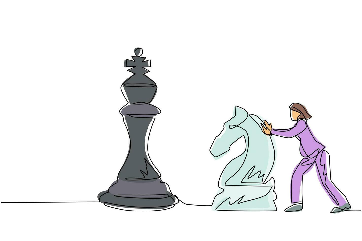 Single one line drawing businesswoman push huge knight chess piece. Business strategy and marketing plan. Strategic move in business concept. Continuous line draw design graphic vector illustration