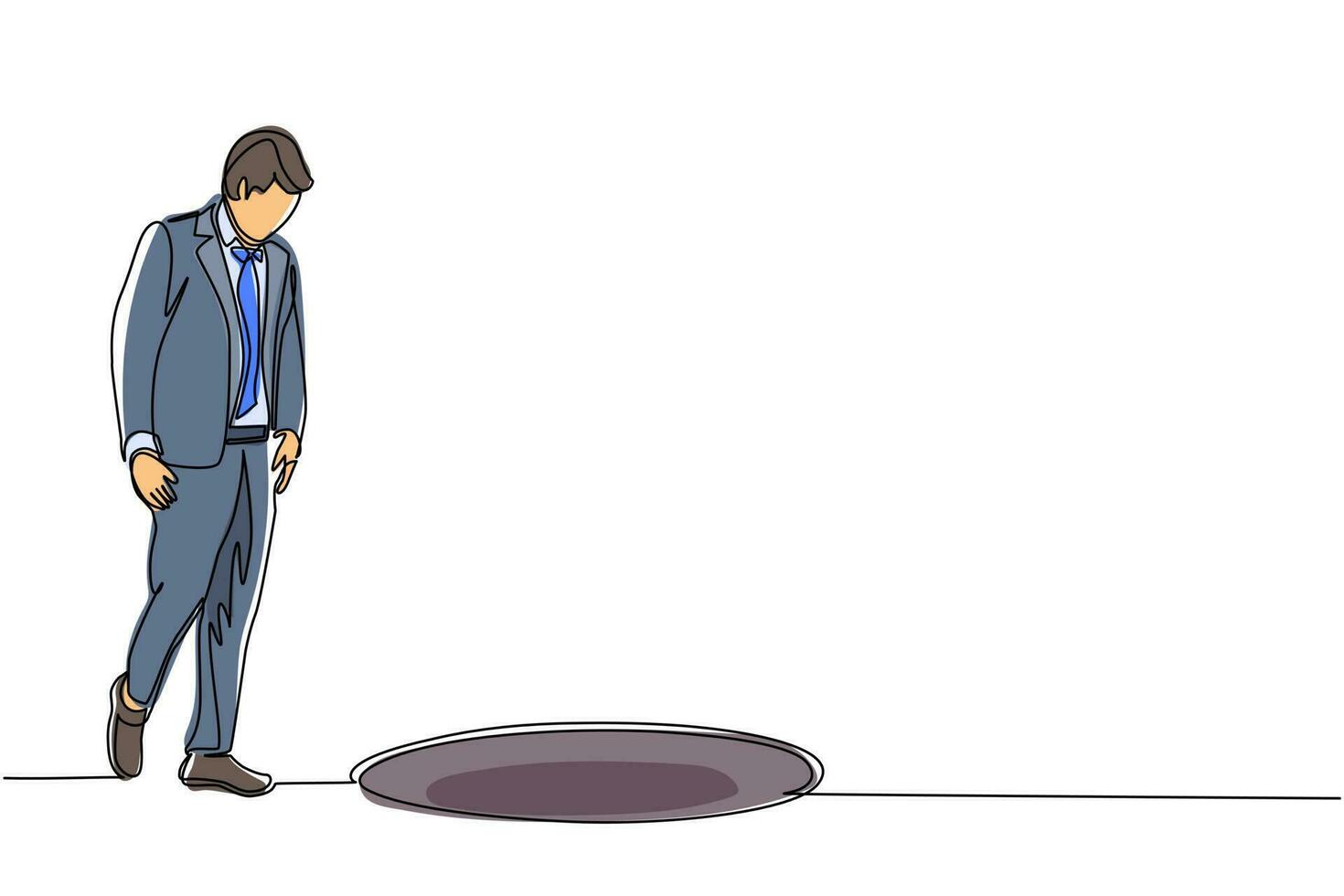 Single continuous line drawing businessman looking at black hole. Man wondering and looking at big hole, business concept in opportunity, exploration or challenge. Dynamic one line draw design vector
