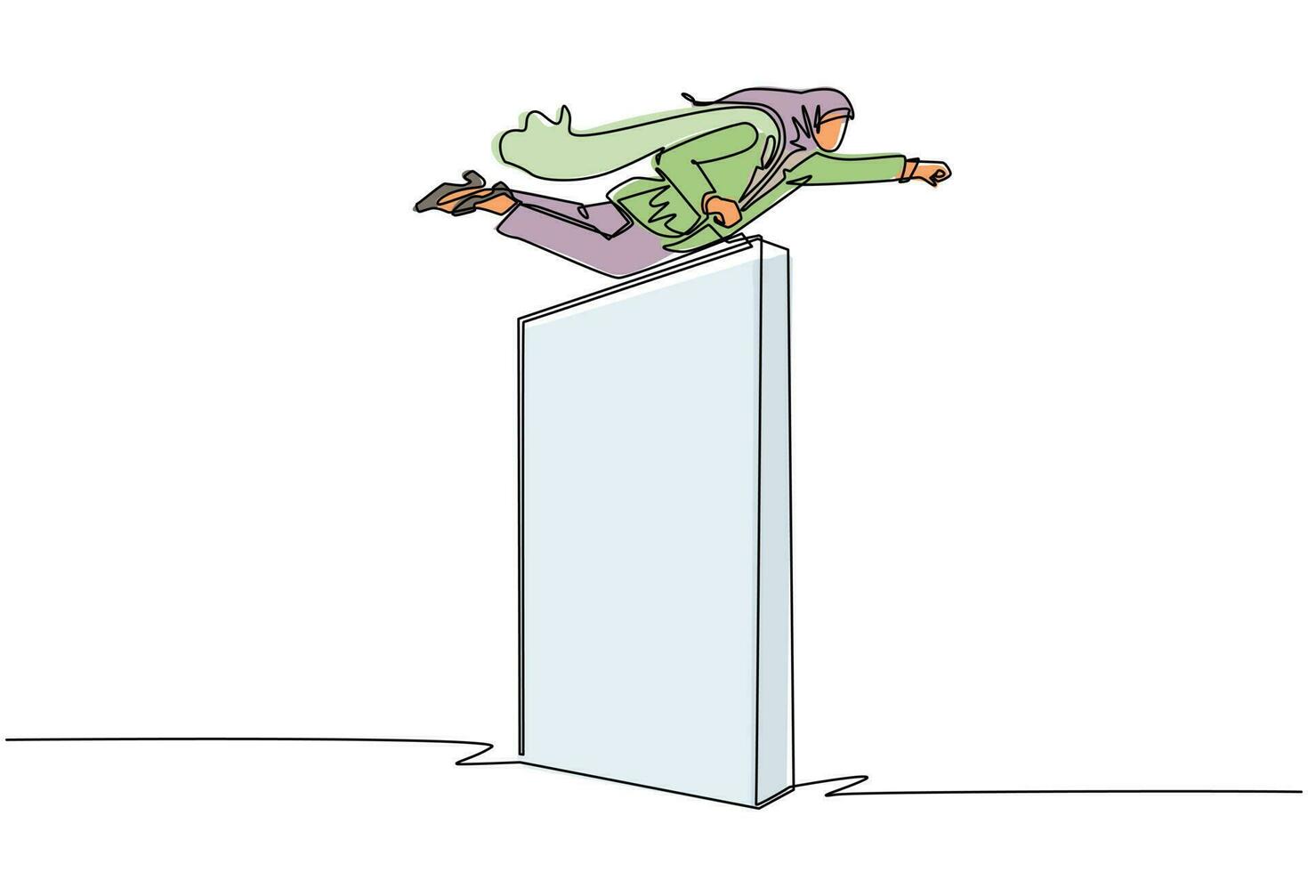 dibujo de una sola línea continua mujer de negocios súper árabe volando sobre la pared. superhéroe empleado volando a través de la pared. concepto de negocio poder, éxito, superar dificultades. vector de diseño de dibujo de una línea