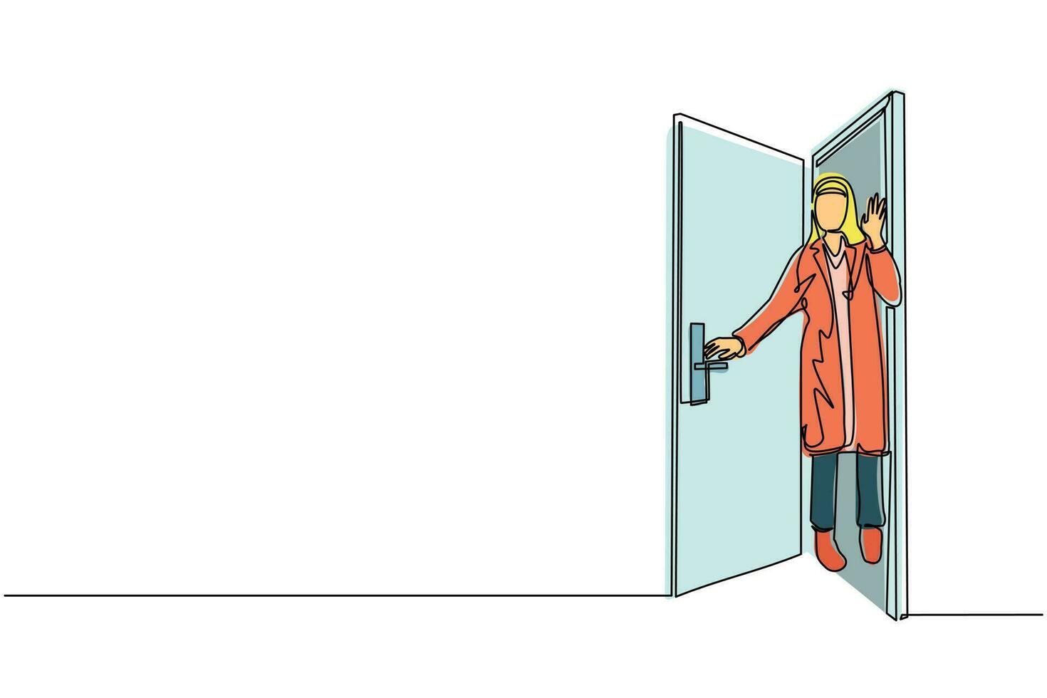 Single continuous line drawing Arab businesswoman looking from behind open door. Woman peeking of door and wave hands. Cheerful female standing in doorway. Dynamic one line draw graphic design vector