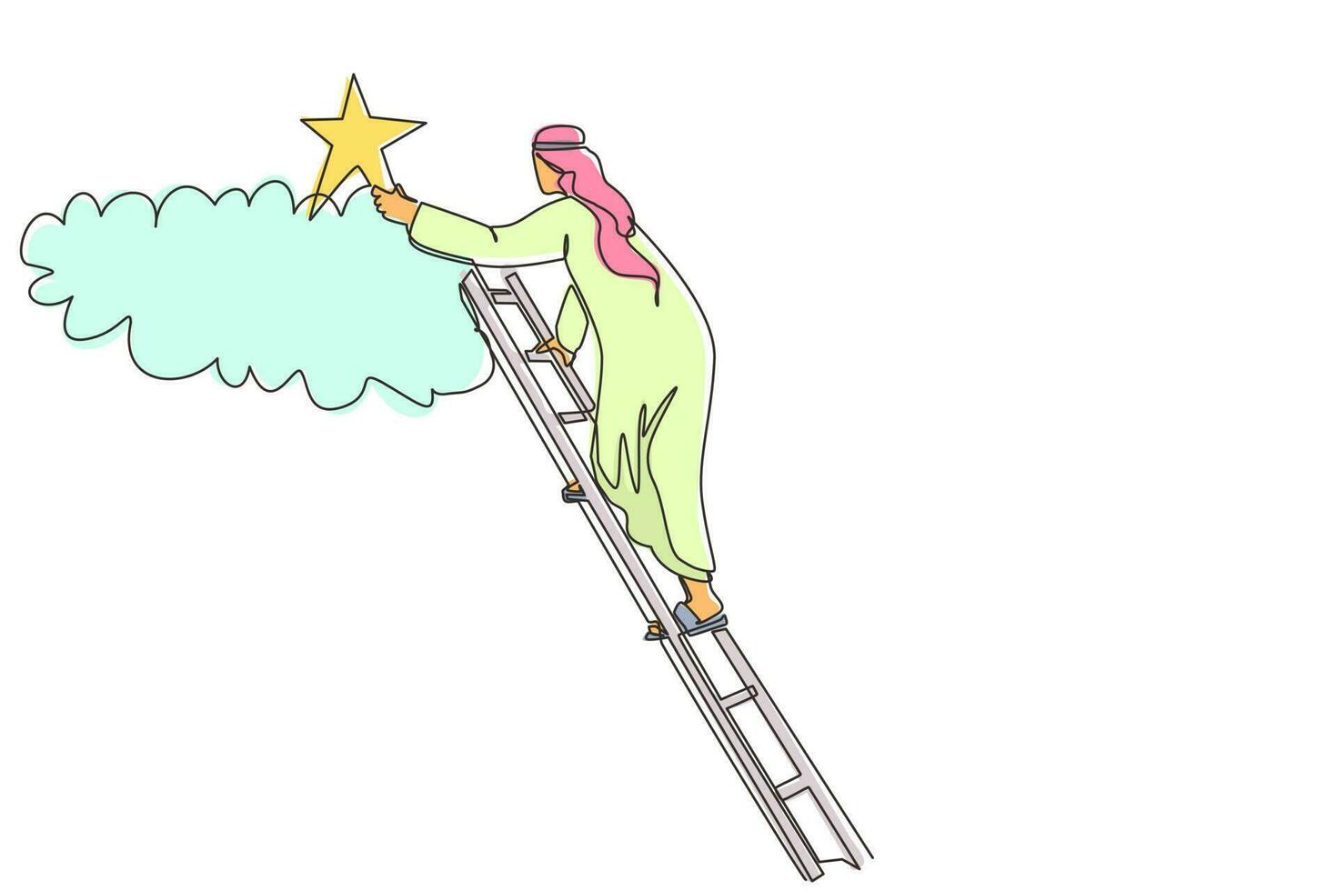 Single one line drawing Arab businessman is standing on stairs and reaching star on the sky. Goals and dreams. Business, career, achievement concept. Continuous line design graphic vector illustration