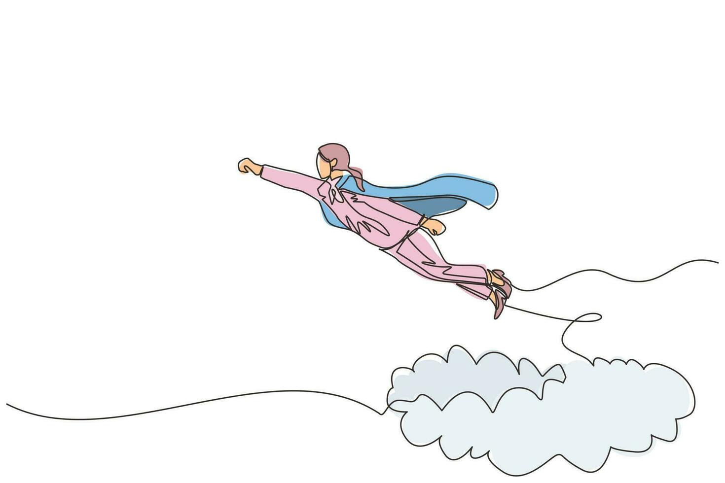 Single one line drawing businesswoman superhero flies up and leaves cloud of dust. Super worker in cloak takes off. Power and uniqueness business concept. Continuous line draw design graphic vector