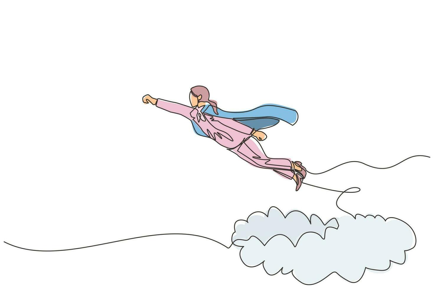 Single one line drawing businesswoman superhero flies up and leaves cloud of dust. Super worker in cloak takes off. Power and uniqueness business concept. Continuous line draw design graphic vector