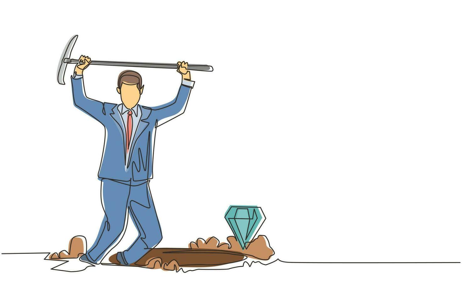 Continuous one line drawing young businessman in hole prancing happily while lifting pickaxe with both hands and finding diamond or precious stone. Single line draw design vector graphic illustration