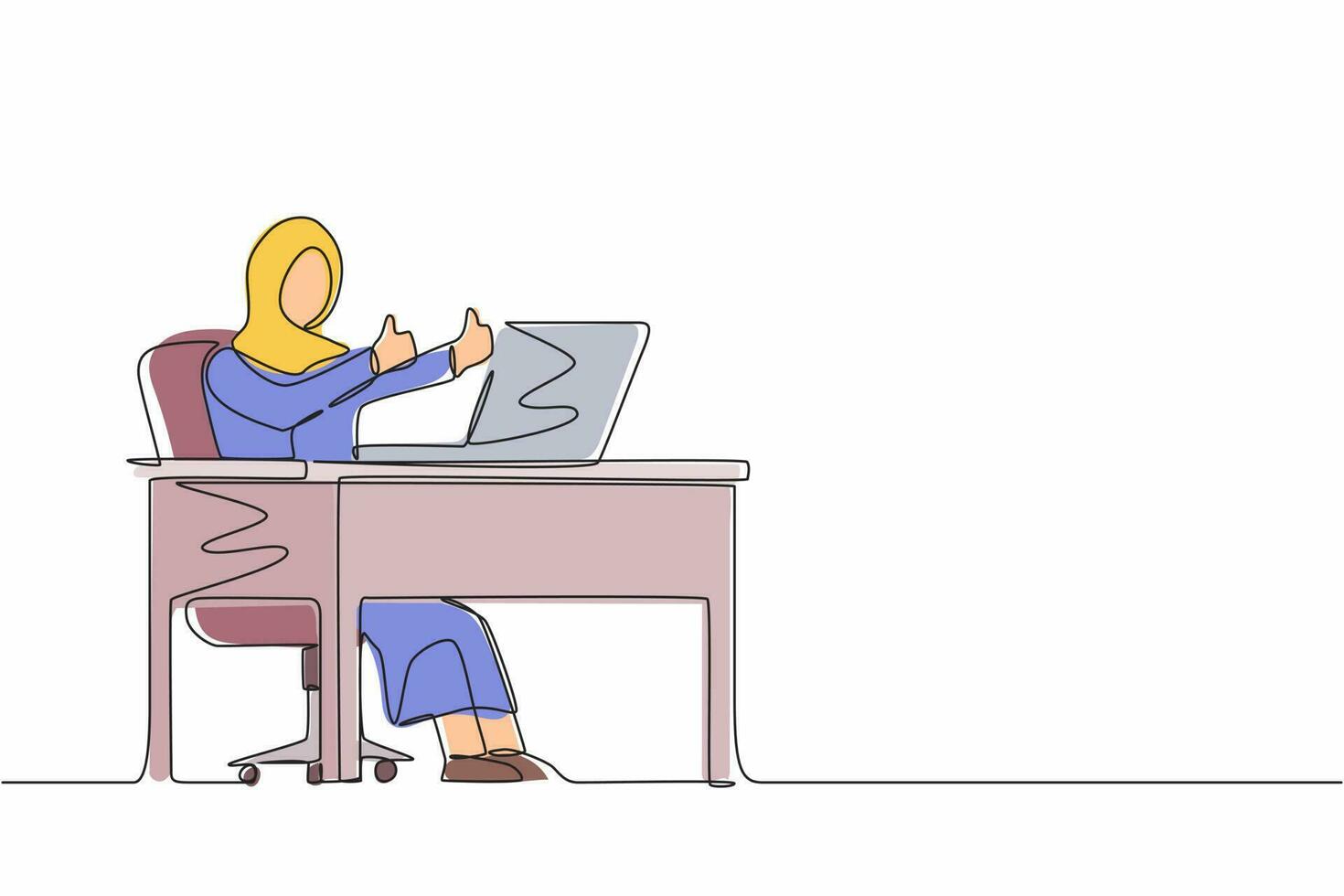 Single continuous line drawing Arabic businesswoman giving good sign in front of computer. Female in blazer operating PC while doing thumbs-up sign. Happy employee concept. One line draw design vector